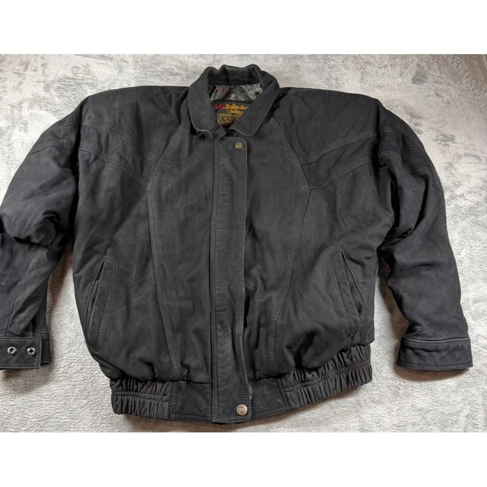 Vtg Mike's Arcade Black Leather Bomber Jacket XL‎ Zip Snap Western